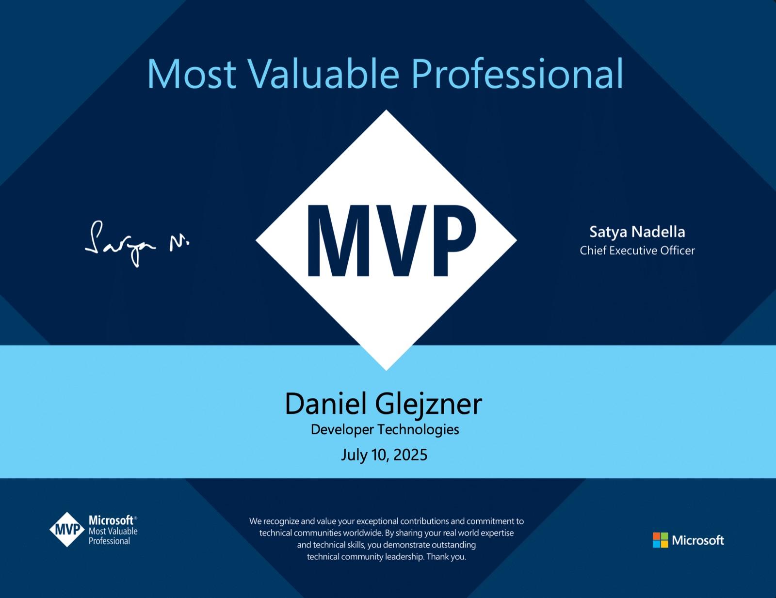 Microsoft MVP certificate, Developer Technologies · 2025
